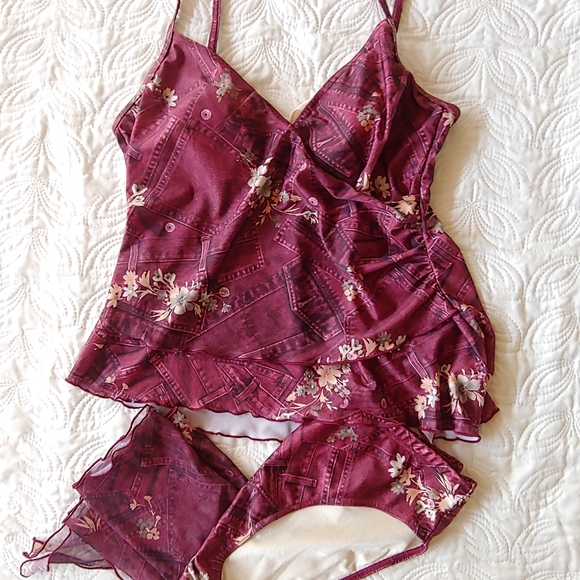 3 piece Swimsuit with coverup Jeans Print - Picture 2 of 13